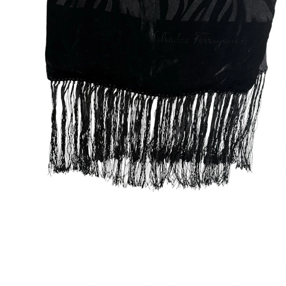 Salvatore Ferragamo Zebra Pattern Black Velvet Neck Scarf Fringe Ends Made Italy